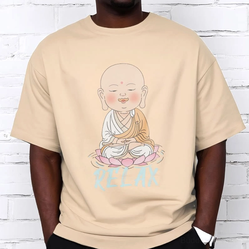 Buddhist relax tee color fastness demonstration showing print retention after washing