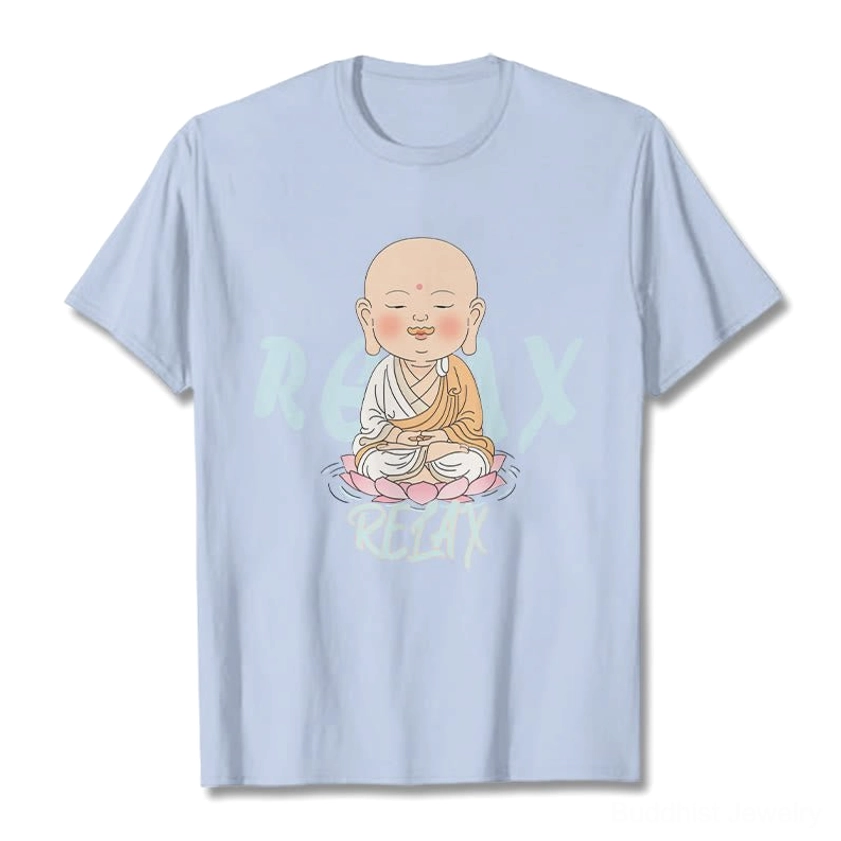 Detailed view of Buddhist relax tee seams and construction quality, premium cotton fabric