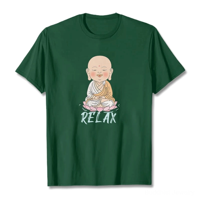 Crew neck detail of Buddhist relax t-shirt showing superior stitching and fit quality