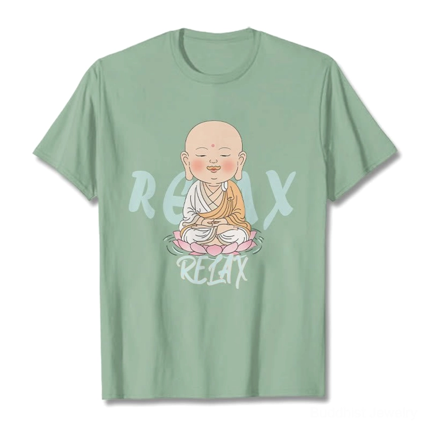 Folded Buddhist relax t-shirt showing fabric quality and crew neck construction, light background