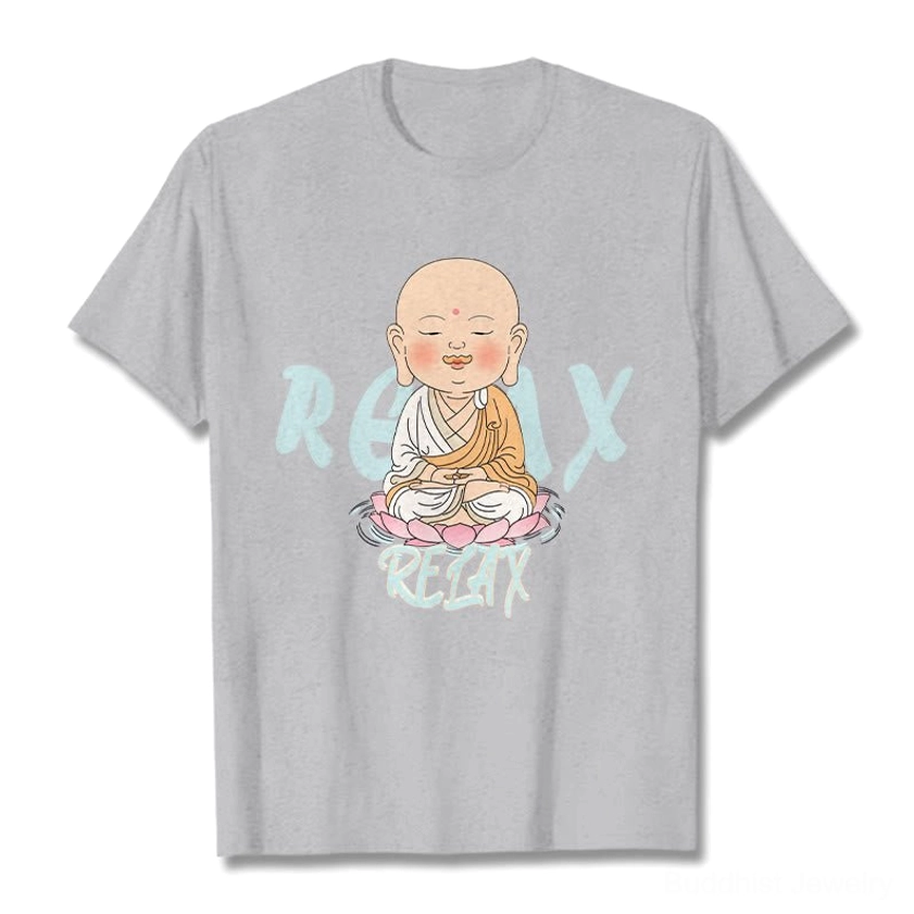 Light gray Buddhist relax t-shirt with RELAX Background graphic style, flat lay presentation