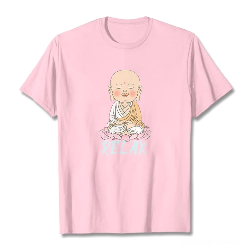 Light gray Buddhist relax background style t-shirt front and back presentation comparison