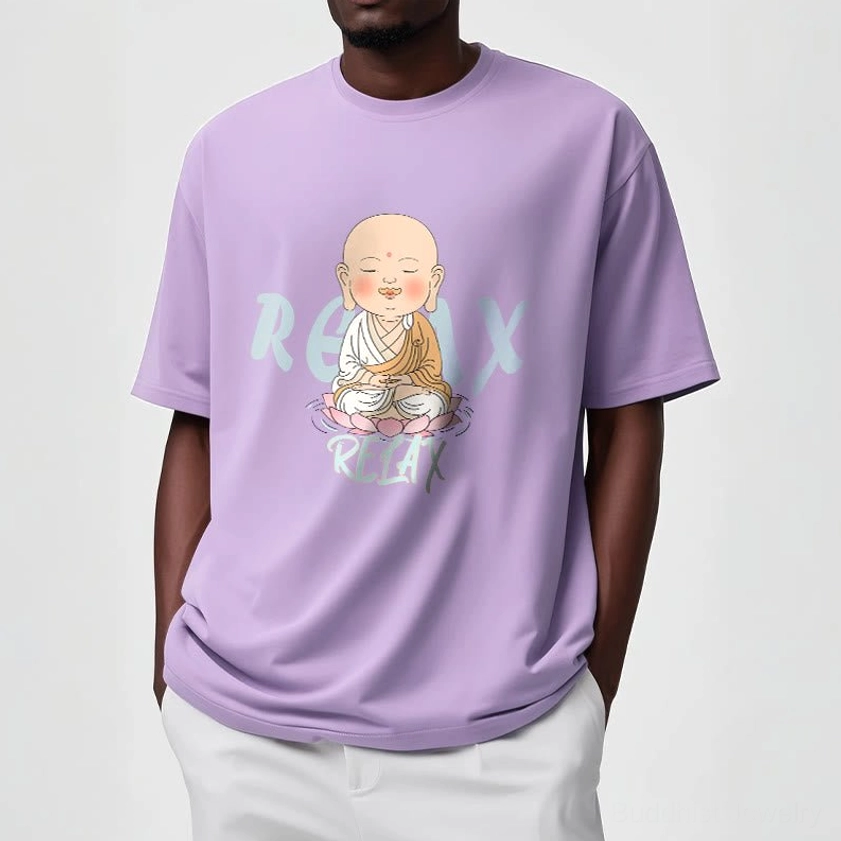 Buddhist relax cotton t-shirt hanging display showing full garment silhouette and fit