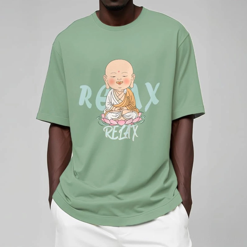 Lifestyle shot of Buddhist meditation tee styled with casual accessories and neutral background