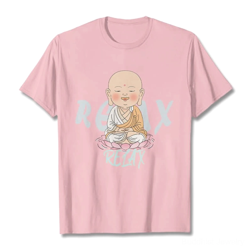 Light gray Buddhist relax cotton tee with RELAX Background style print, flat lay front display