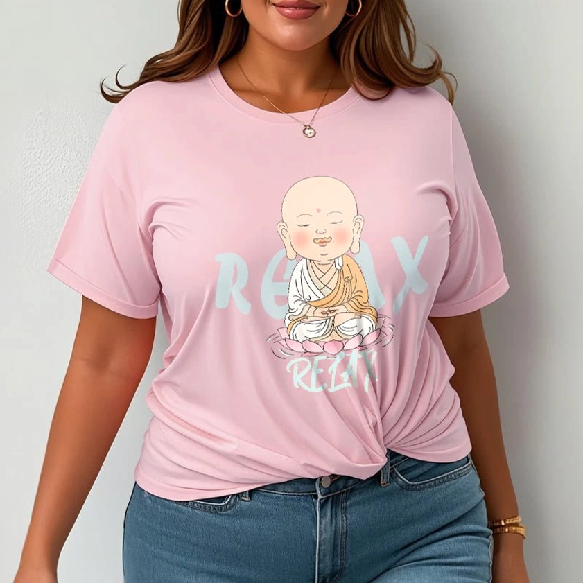 Model wearing light gray Buddhist mindfulness tee with RELAX Background print variant