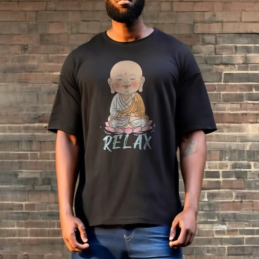 Size measurements guide for Buddhist relax tee with chest width and length specifications
