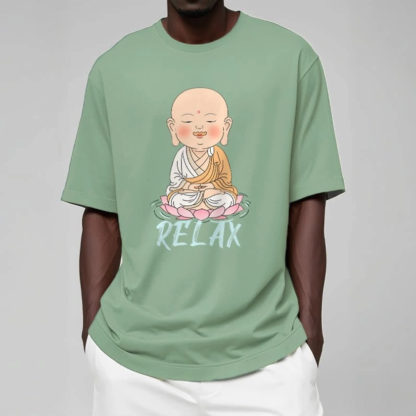 Buddhist relax t-shirt styling guide showing multiple outfit combinations and pairings