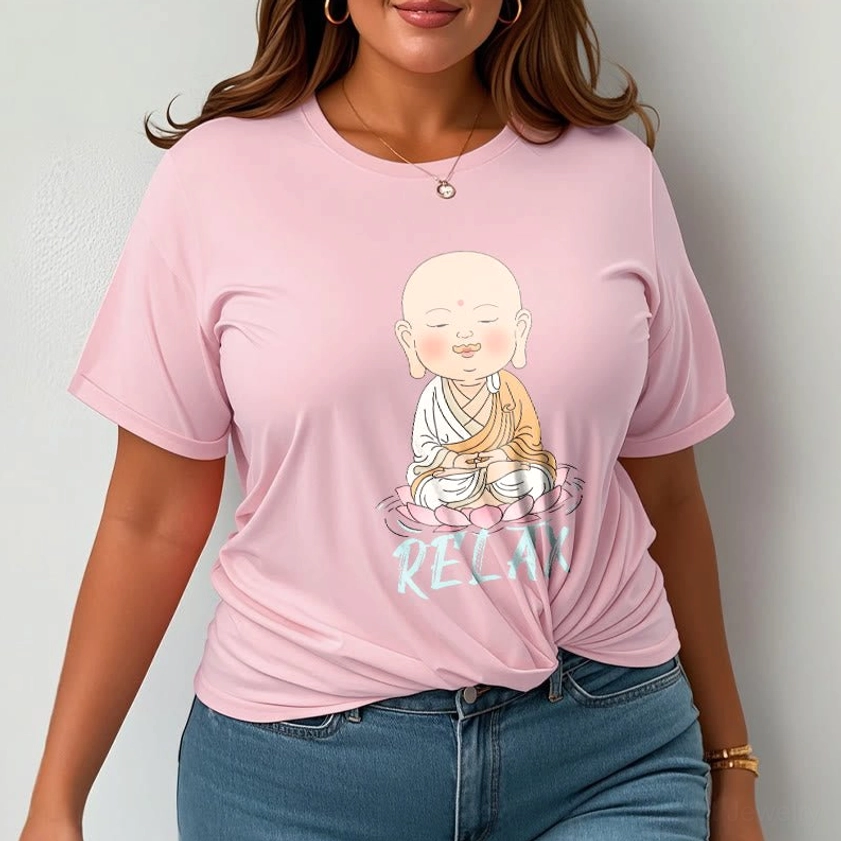 Unisex fit model wearing Buddhist relax t-shirt showing versatile wear for all body types