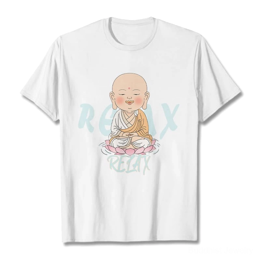 White Buddhist relax cotton t-shirt with light blue RELAX text and monk lotus graphic, flat lay display