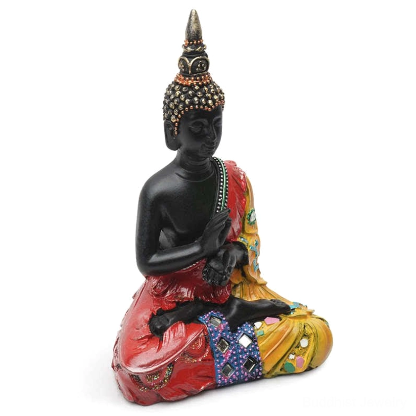 Thai Buddha resin statue left side view showing classic seated meditation posture and detailed head ornamentation