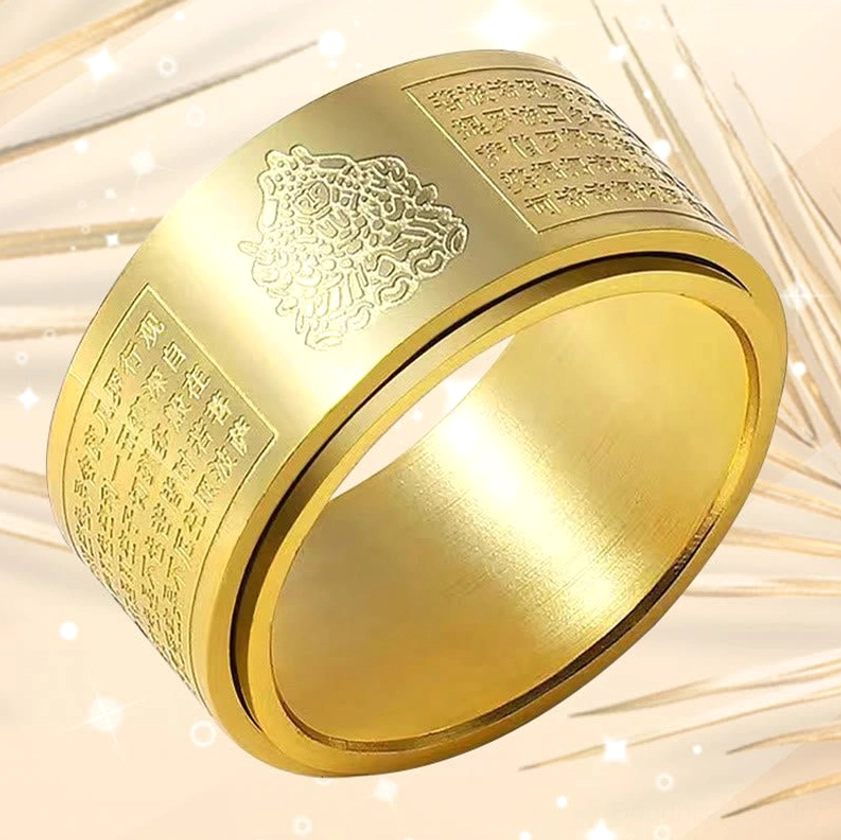 Zodiac guardian buddha rotating ring product detail view with sutra text close-up