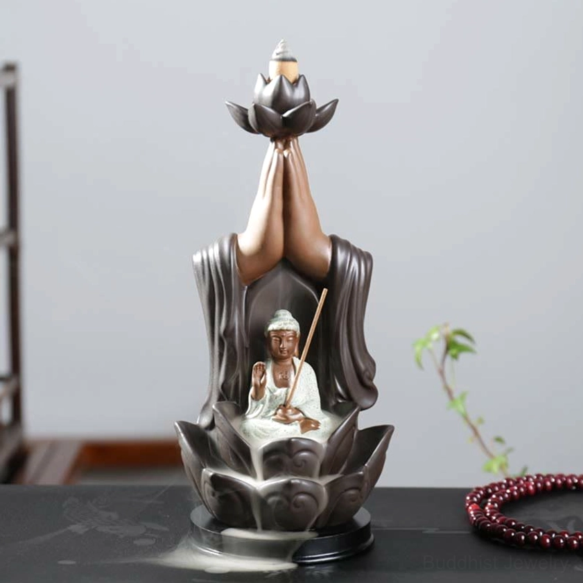 Buddha Sakyamuni Ceramic Backflow Incense Burner - Front Full View with Monk's Staff Deity