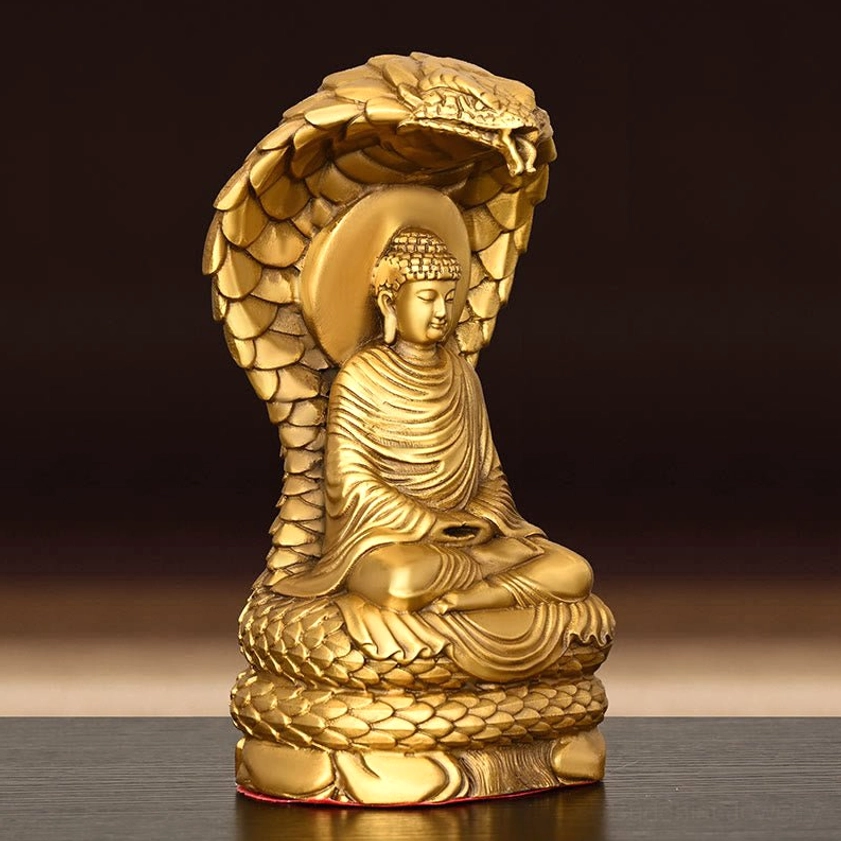 Buddha Shakyamuni statue three-quarter view - seated lotus posture with protective cobra and glossy finish