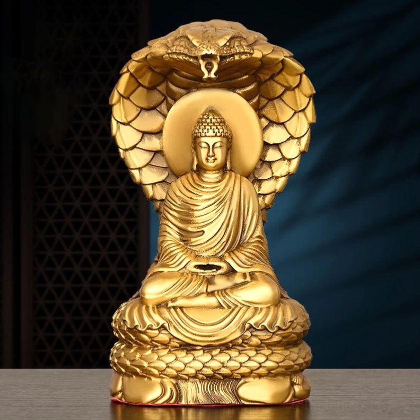 Buddha Shakyamuni cobra protection copper statue front view - handcrafted golden meditation figurine with cobra hood