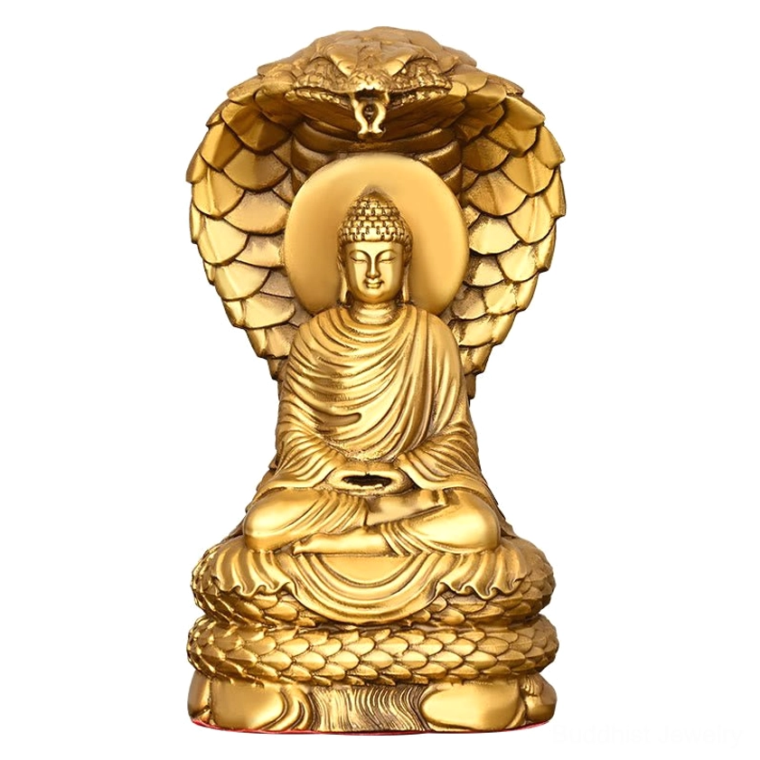 Left front angle of Buddha Shakyamuni copper figurine - symmetrical design smooth golden surface