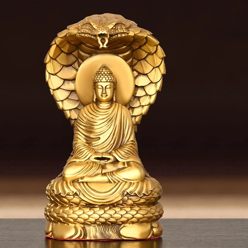 Front facing Buddha Shakyamuni meditation statue with red base - protective cobra hood stance