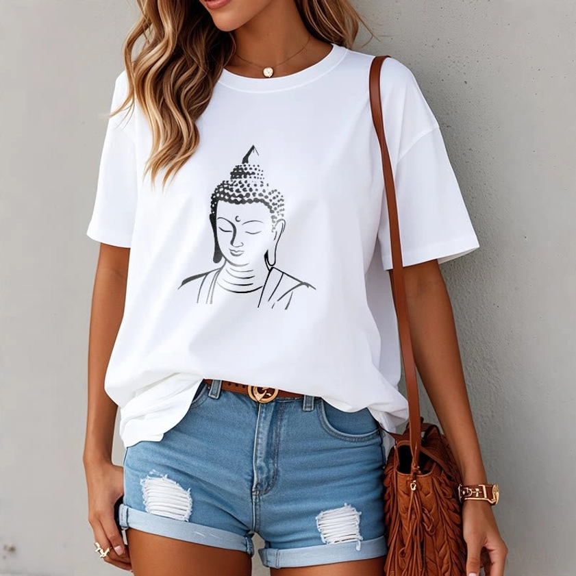 Buddha head t-shirt on female model white street casual outfit denim shorts