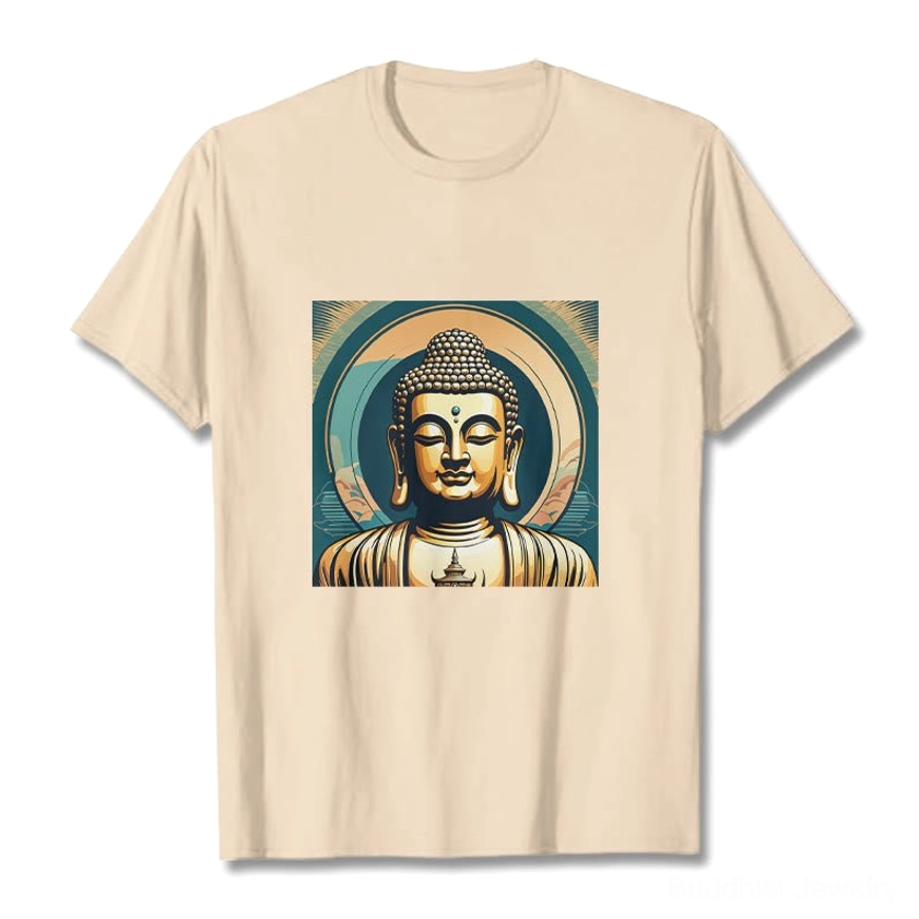 Golden Buddha graphic t-shirt flat lay front view khaki tan cotton