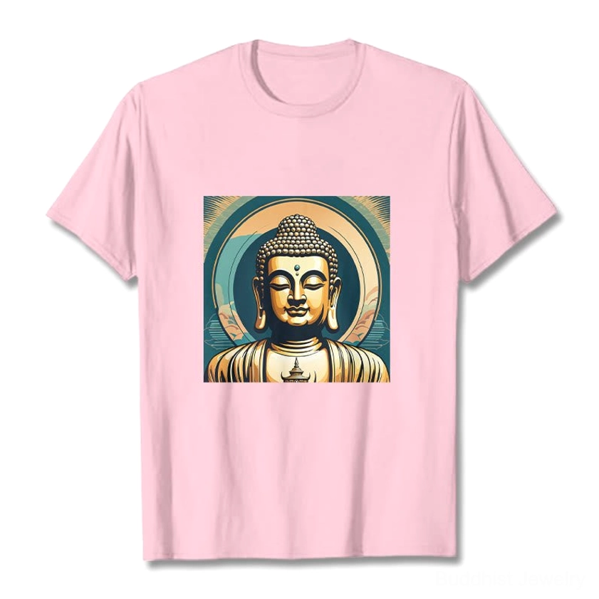 Golden Buddha t-shirt light grey cotton spiritual graphic flat lay