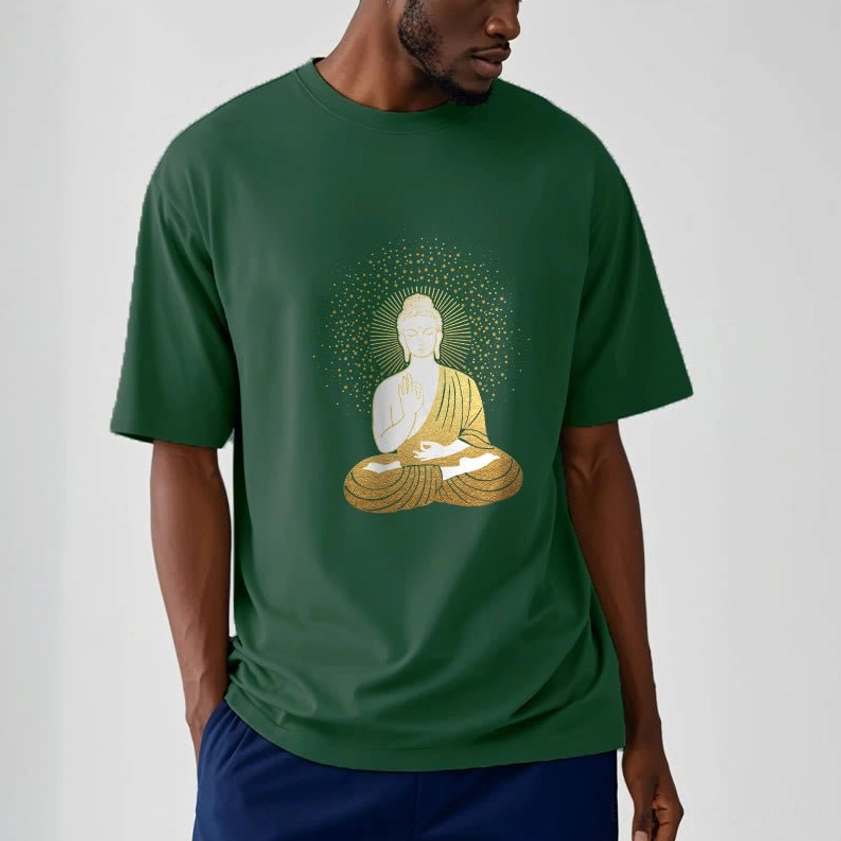 Men wearing meditation Buddha golden aura graphic t-shirt half body casual studio shot relaxed fit