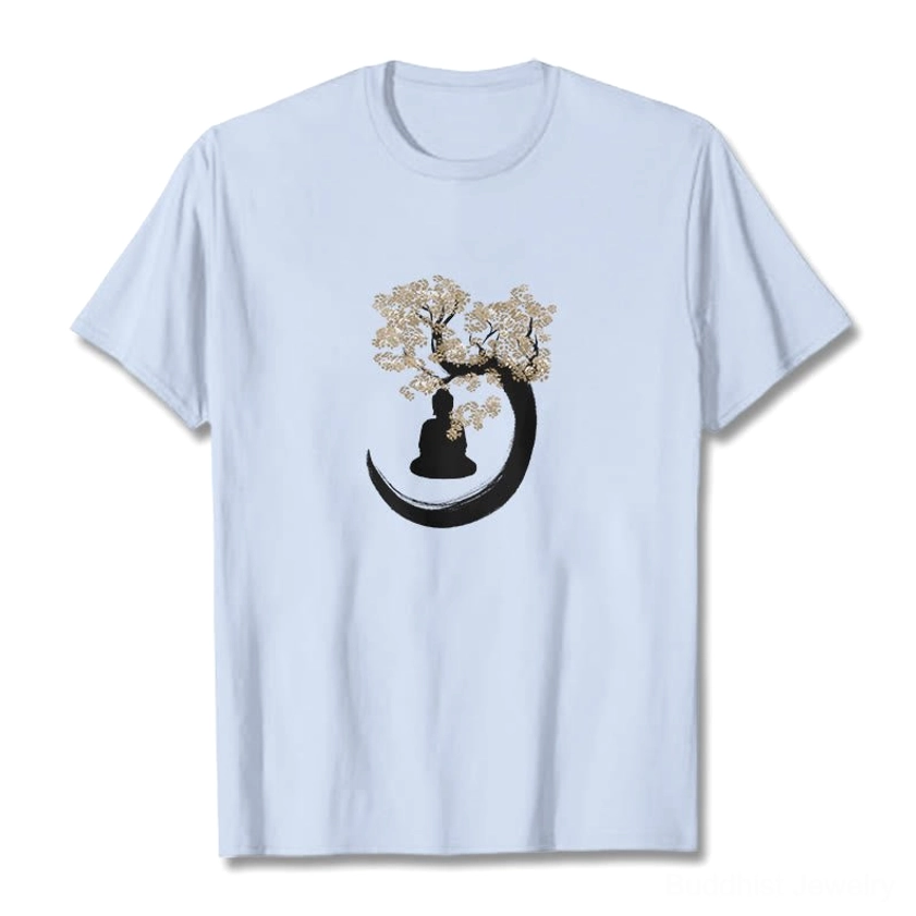 Buddhist spiritual cotton t-shirt with Buddha seated under sacred tree mindfulness meditation design