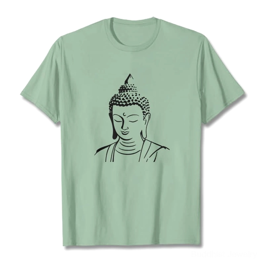 Pale green Buddha head t-shirt front view unisex spiritual graphic tee