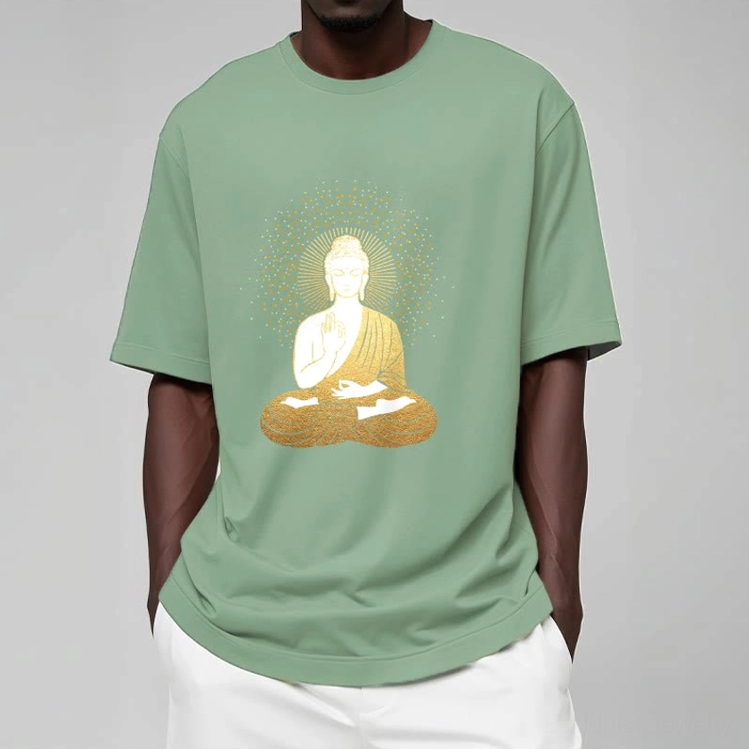 Meditation Buddha golden aura t-shirt worn styled casual outfit spiritual mindfulness fashion