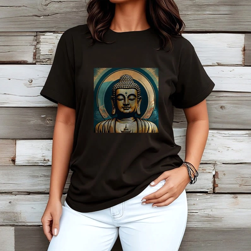 Golden Buddha mindfulness tee women styled casual outfit wooden wall