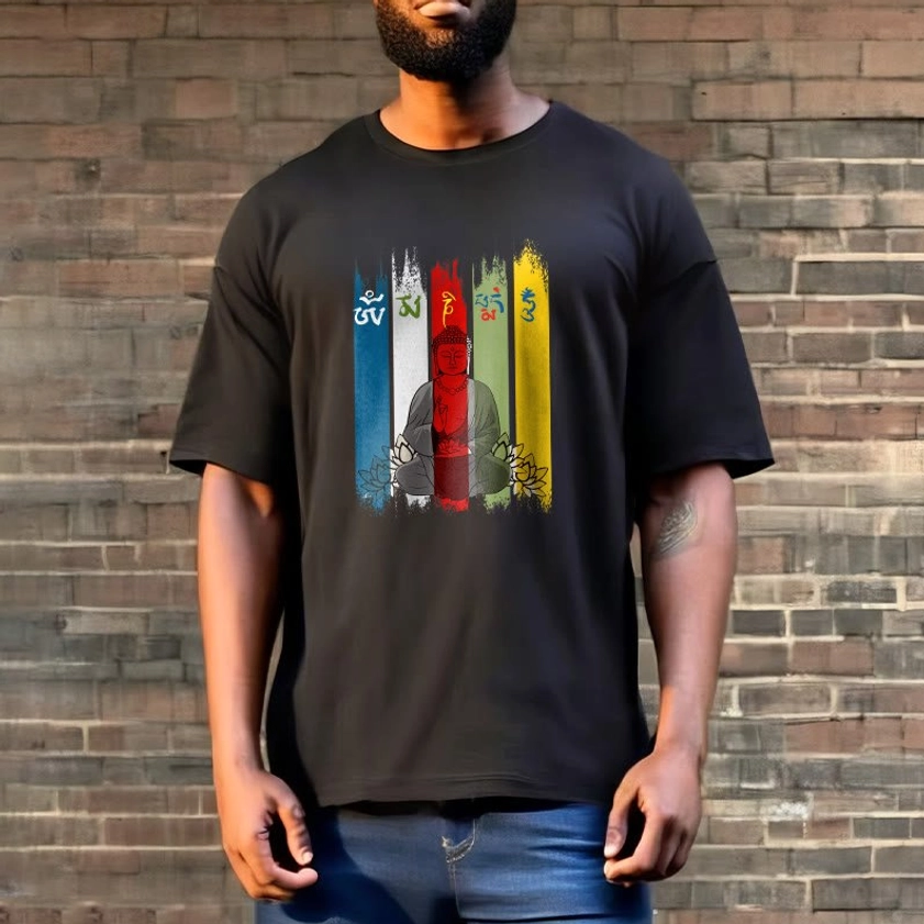 Buddha print cotton t-shirt full body shot male model wearing black tee with blue denim jeans brick wall background