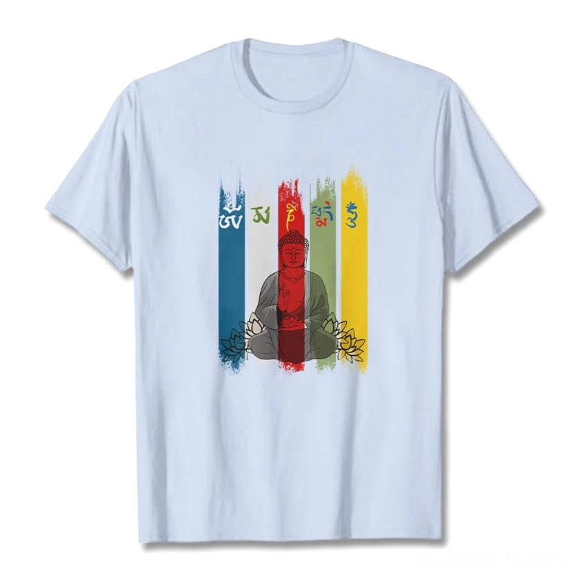 Om Mani Padme Hum Buddha lotus t-shirt full body female model wearing spiritual tee casual outfit