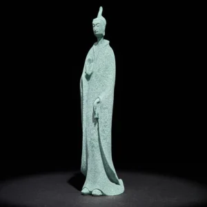 Standing Buddha sandstone meditation statue with serene expression, front three-quarter view in studio lighting