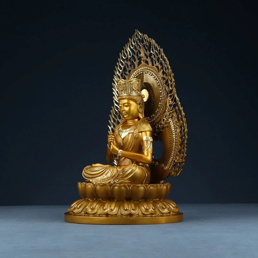 Angled view of Buddha copper statue highlighting dimensional depth and masterful hand-carved artistic elements