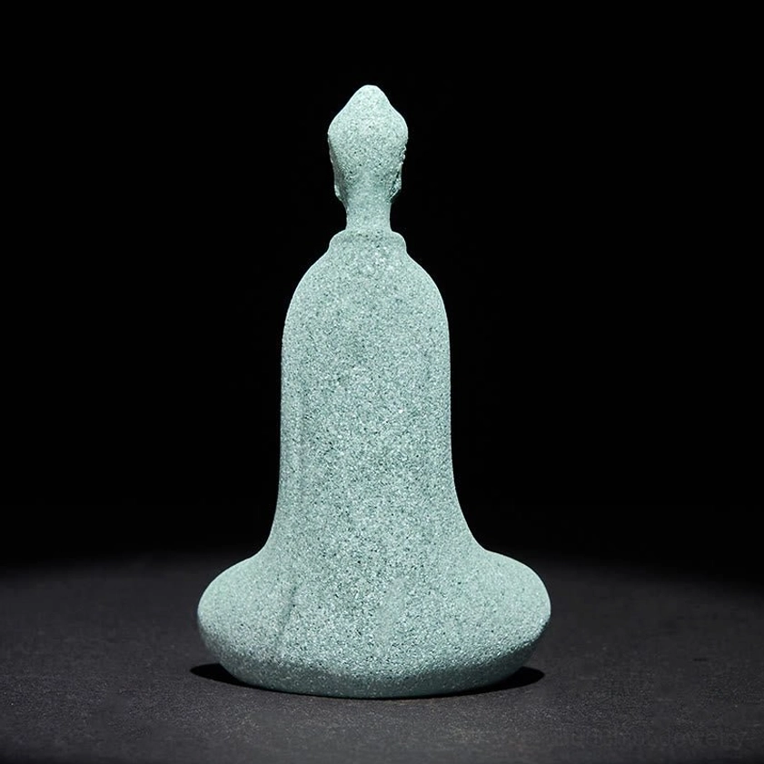 Rear back view of meditation Buddha statue showing complete handcarved details and natural stone finish