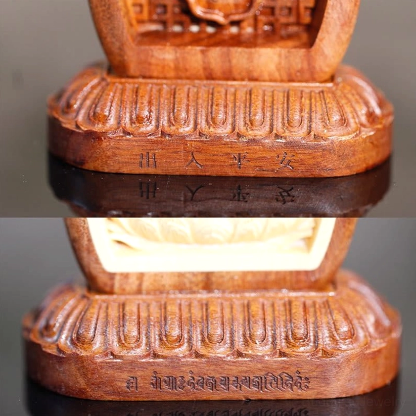 Bottom close-up of Padmasambhava Buddha statue showing carved lotus rim and dual-tone wood structure details