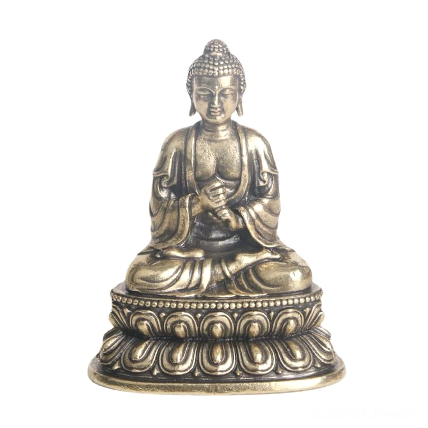 Close-up front view of handcrafted Buddha statue, clear metal texture detail, ritual hand position, ornate lotus base