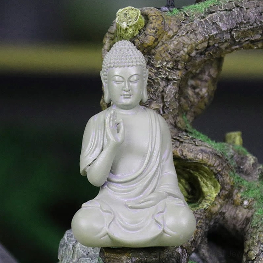 Complete view of small Buddha meditation statue demonstrating proportions and overall design as meditation altar decoration