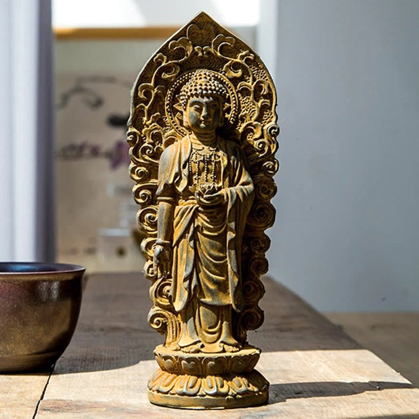 Close-up detail of handcrafted Buddhist trinity statue showing intricate carving texture and iron powder resin material composition authentic artisanship