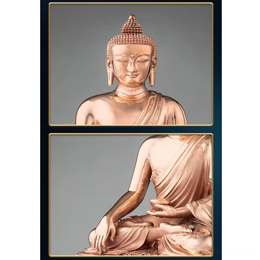 Split-view detailed shots of Buddha statue head and seated torso with robe folds