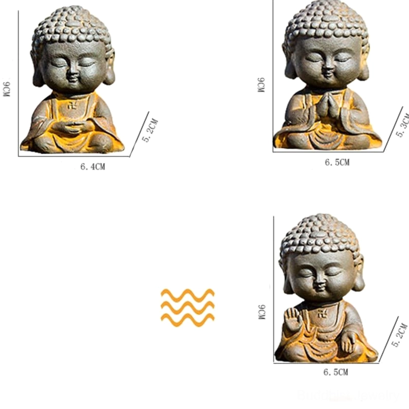 Product size dimensions chart graphic showing three Buddha figurine styles with measurements in centimeters