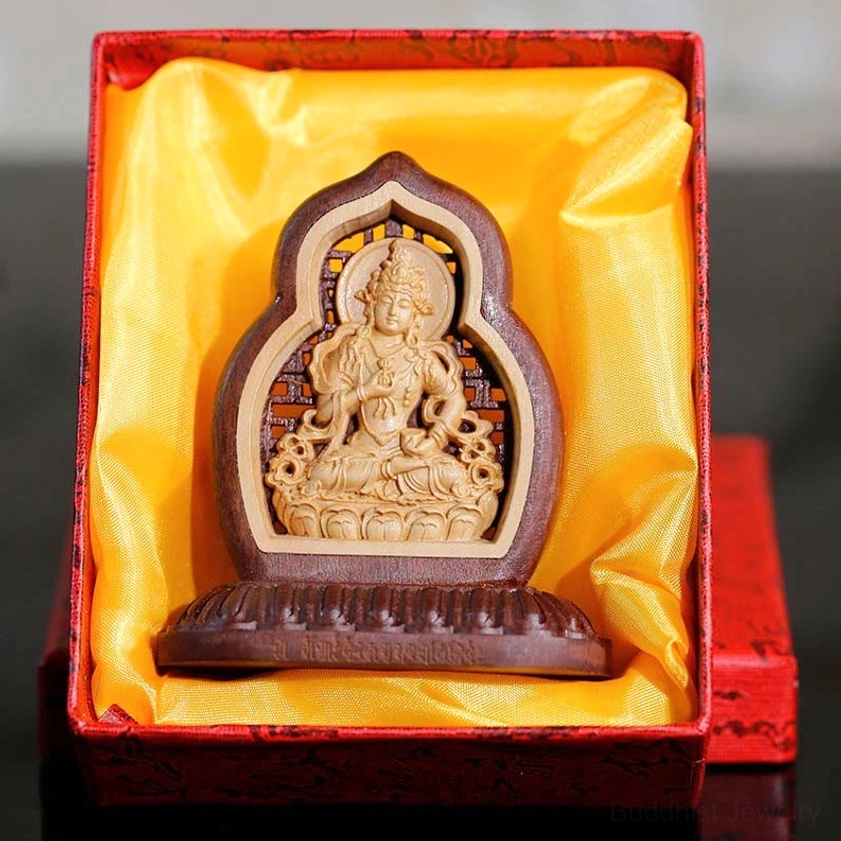 Vajrasattva Buddha wood carving in premium red gift box with golden satin lining - perfect gift presentation