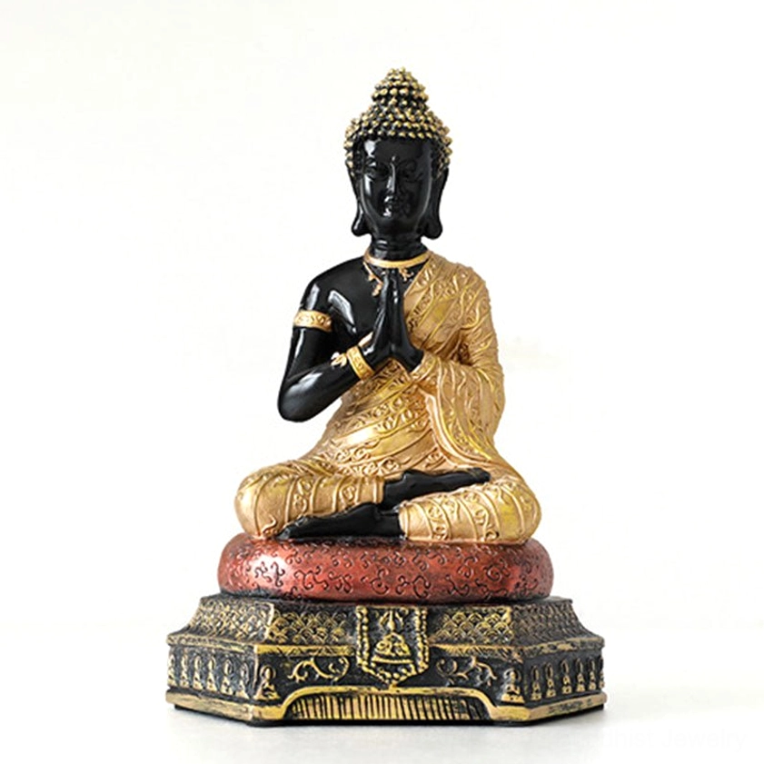 Gold style Buddha compassion resin statue with gleaming finish and detailed ornamental design