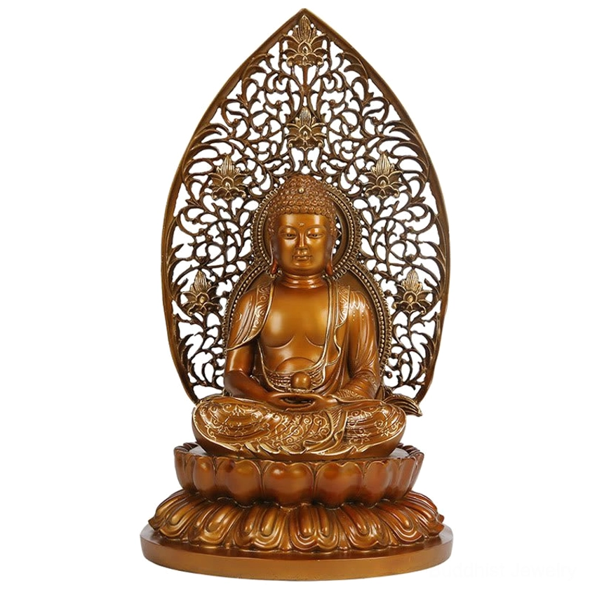 Buddha statue detail shot - Close-up of hand mudra and facial features in handcrafted copper with authentic patina
