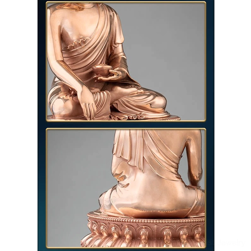 Split-view Buddha statue details showing hand position and ornate rear lotus throne