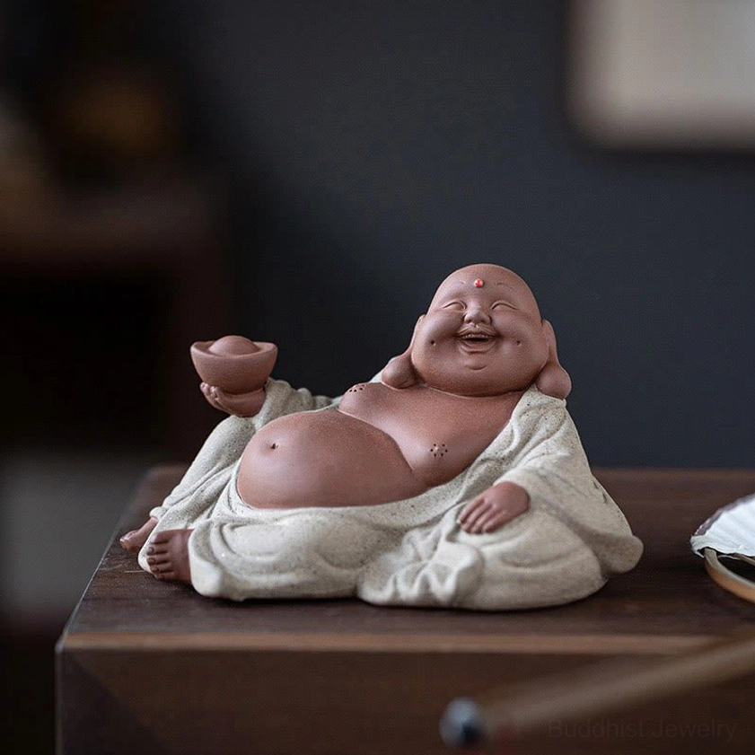 Buddha statue handmade purple clay, Maitreya with ingot, beige robe, authentic Buddhist sculpture, artisan crafted