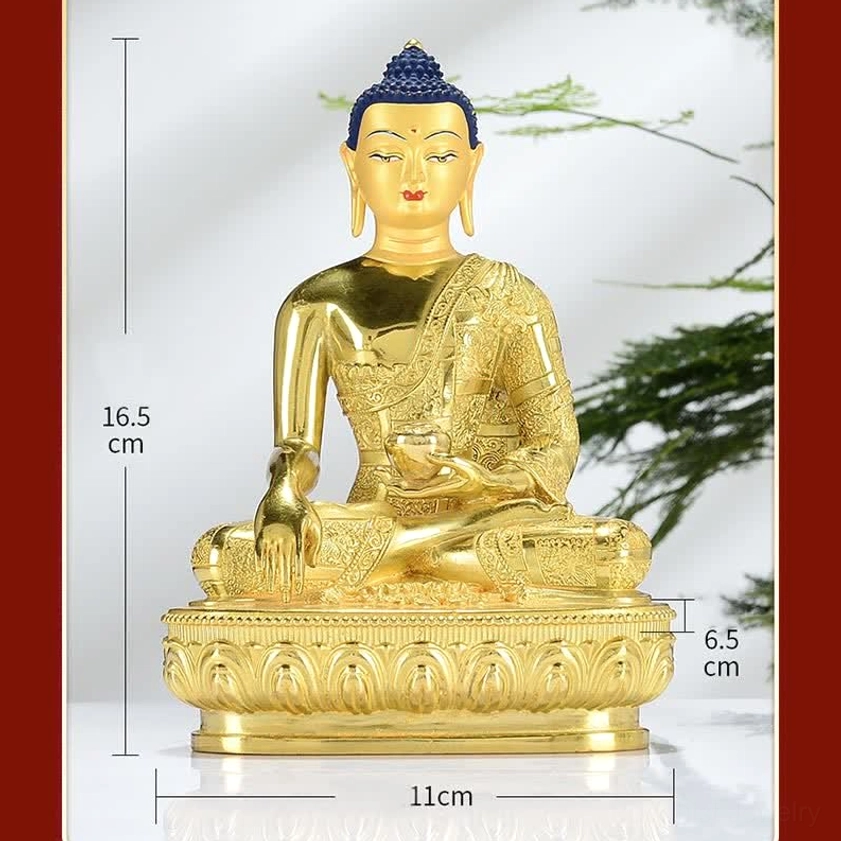 Buddha copper statue front view with measurement marks 16.5cm height dimension