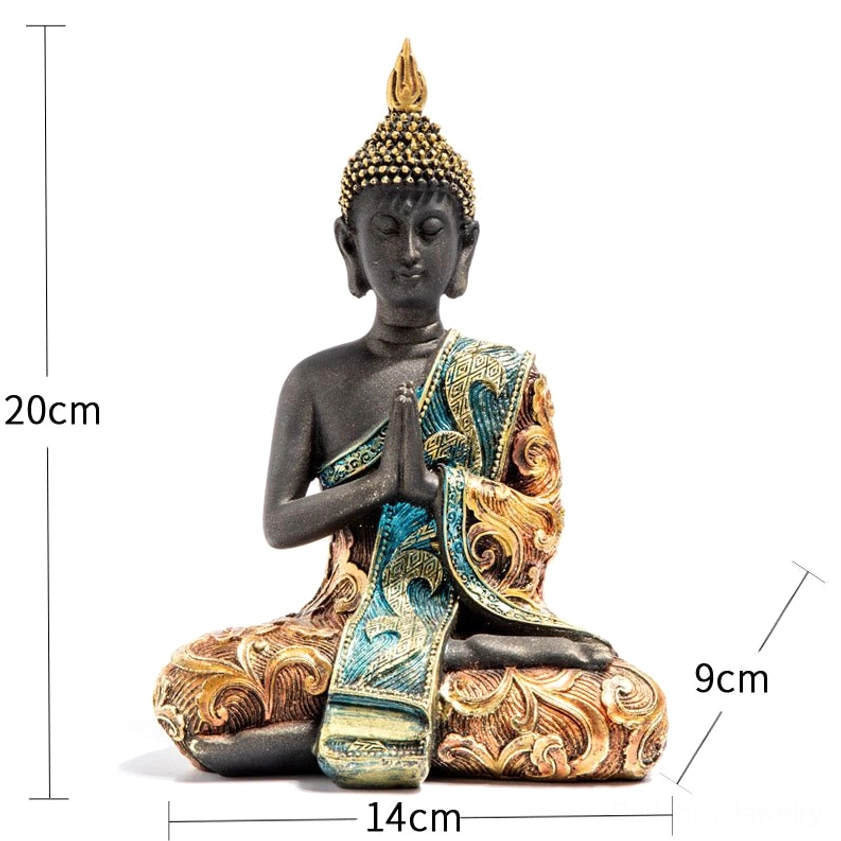 Medium-sized Thai Buddha statue with black resin body and gold-teal embroidered robe showing prayer mudra with 20cm height dimension marker