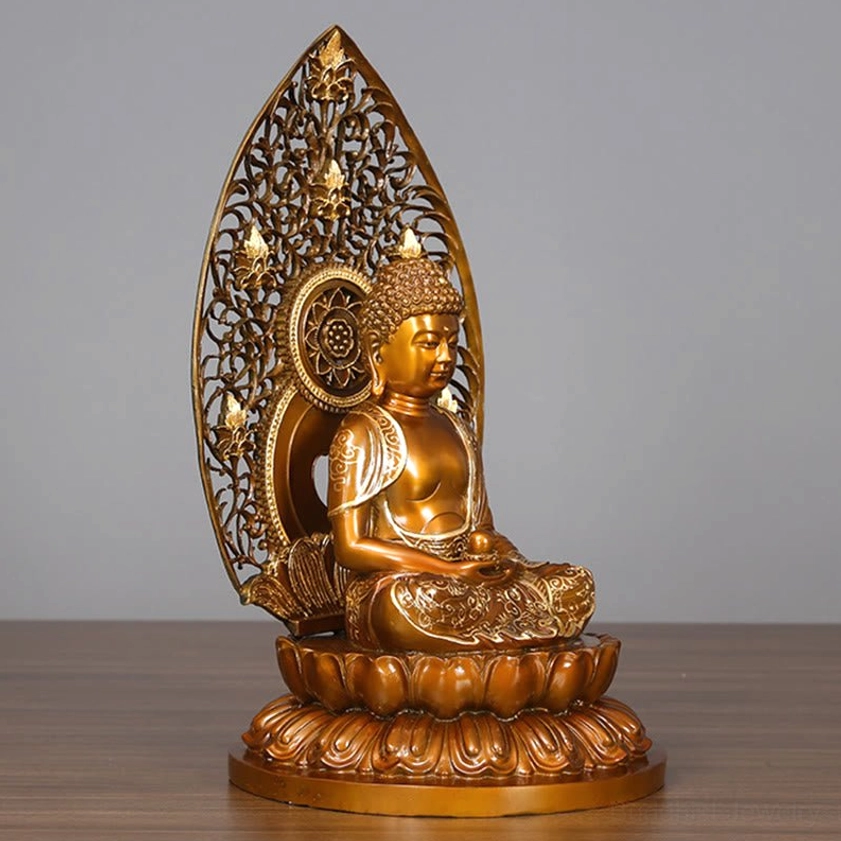 Buddha statue left side view - Detailed rear ornament and authentic bronze texture from handcrafted copper figurine