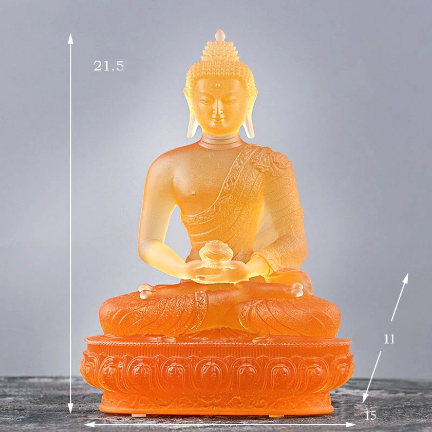 Liuli glass Buddha statue with amber frosted finish and gold plated accents for protection and positive energy home decor