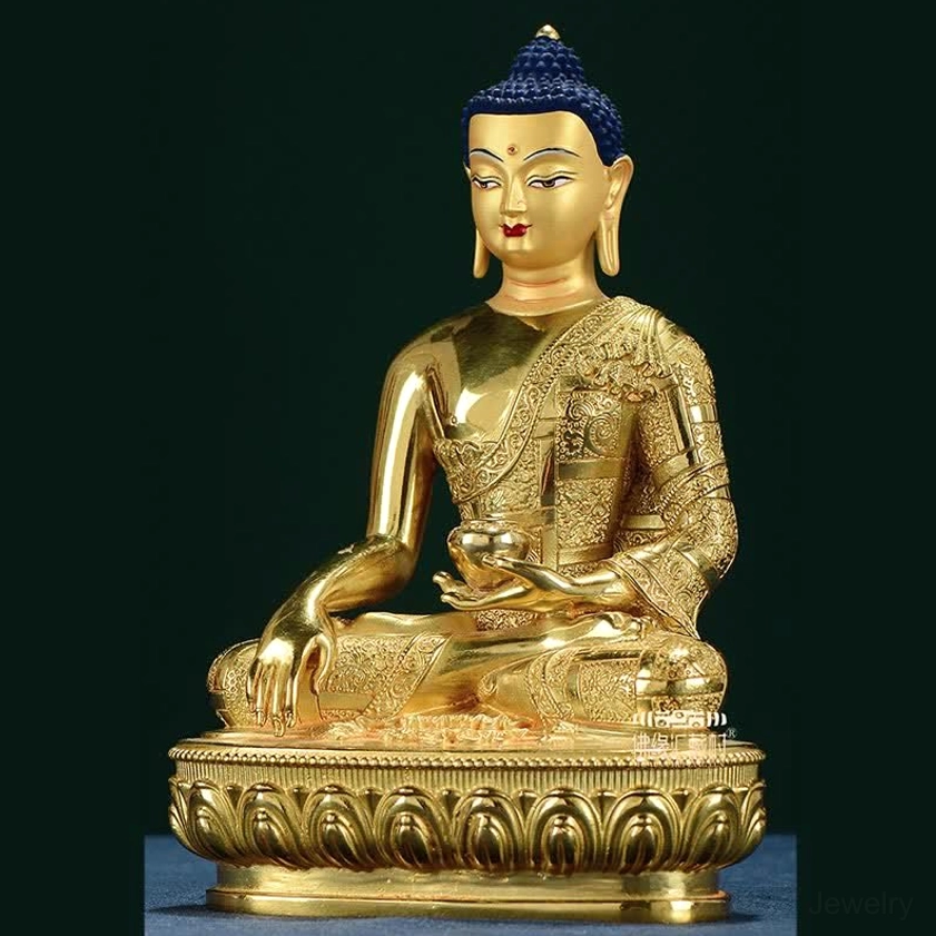 Hand-carved Buddha statue with intricate lotus pedestal base detail work